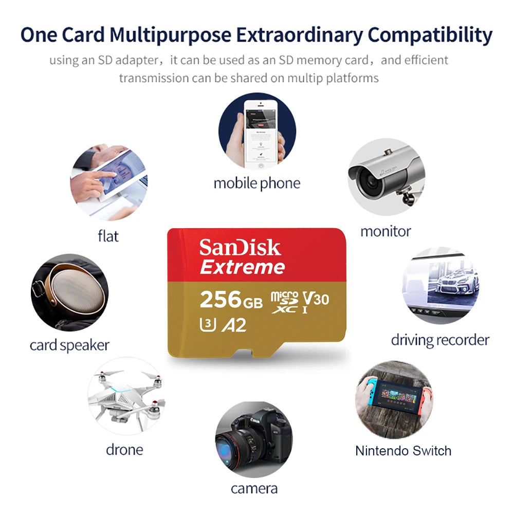 SanDisk Extreme Micro SD Card Memory Card 128GB 64GB 256GB 512GB 1T SDXC V30 A2 U3 4K TF for Camera Steam Deck Switch Rog Ally