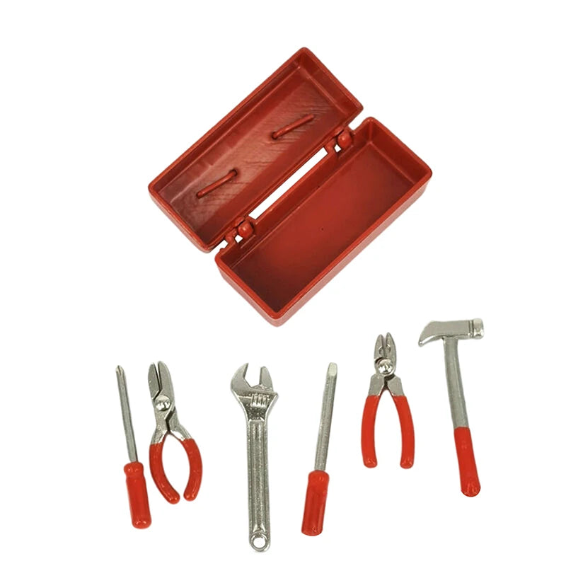 *1Set Furniture Accessories Doll House Decor Toys Gift Dollhouse Miniature Toolbox 【 Tool Box+6 Tools 】Handmade Tools Sets Model