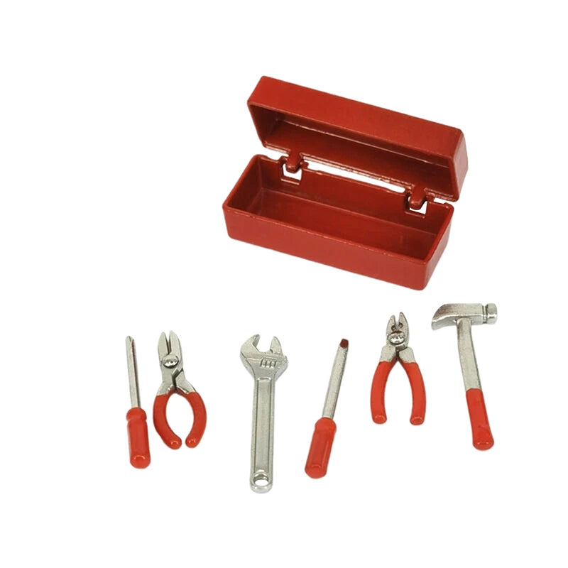 *1Set Furniture Accessories Doll House Decor Toys Gift Dollhouse Miniature Toolbox 【 Tool Box+6 Tools 】Handmade Tools Sets Model