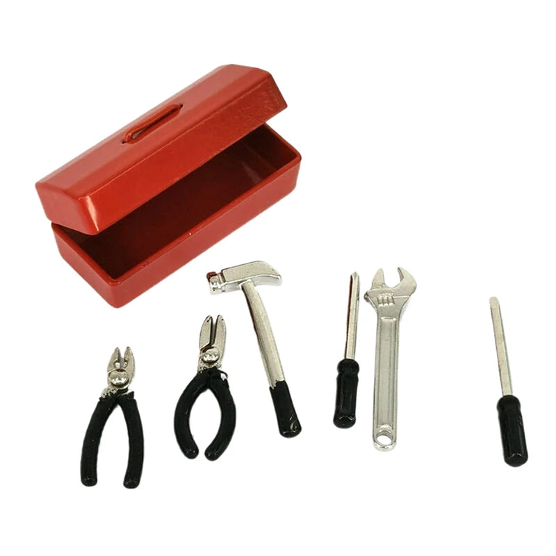 *1Set Furniture Accessories Doll House Decor Toys Gift Dollhouse Miniature Toolbox 【 Tool Box+6 Tools 】Handmade Tools Sets Model