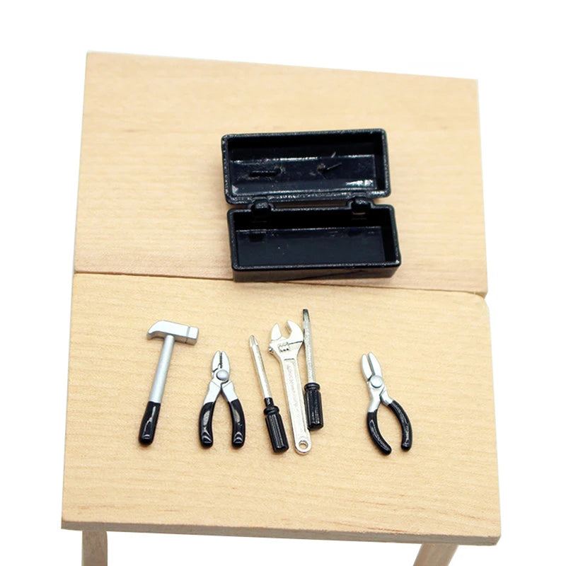 *1Set Furniture Accessories Doll House Decor Toys Gift Dollhouse Miniature Toolbox 【 Tool Box+6 Tools 】Handmade Tools Sets Model
