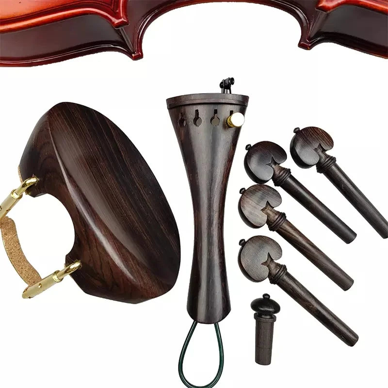 1 Set 4/4 Natural Color Ebony Violin Accessories Fiddle Pegs+Chin Rest+Tailpiece+Endpin+Finetuner+bracket